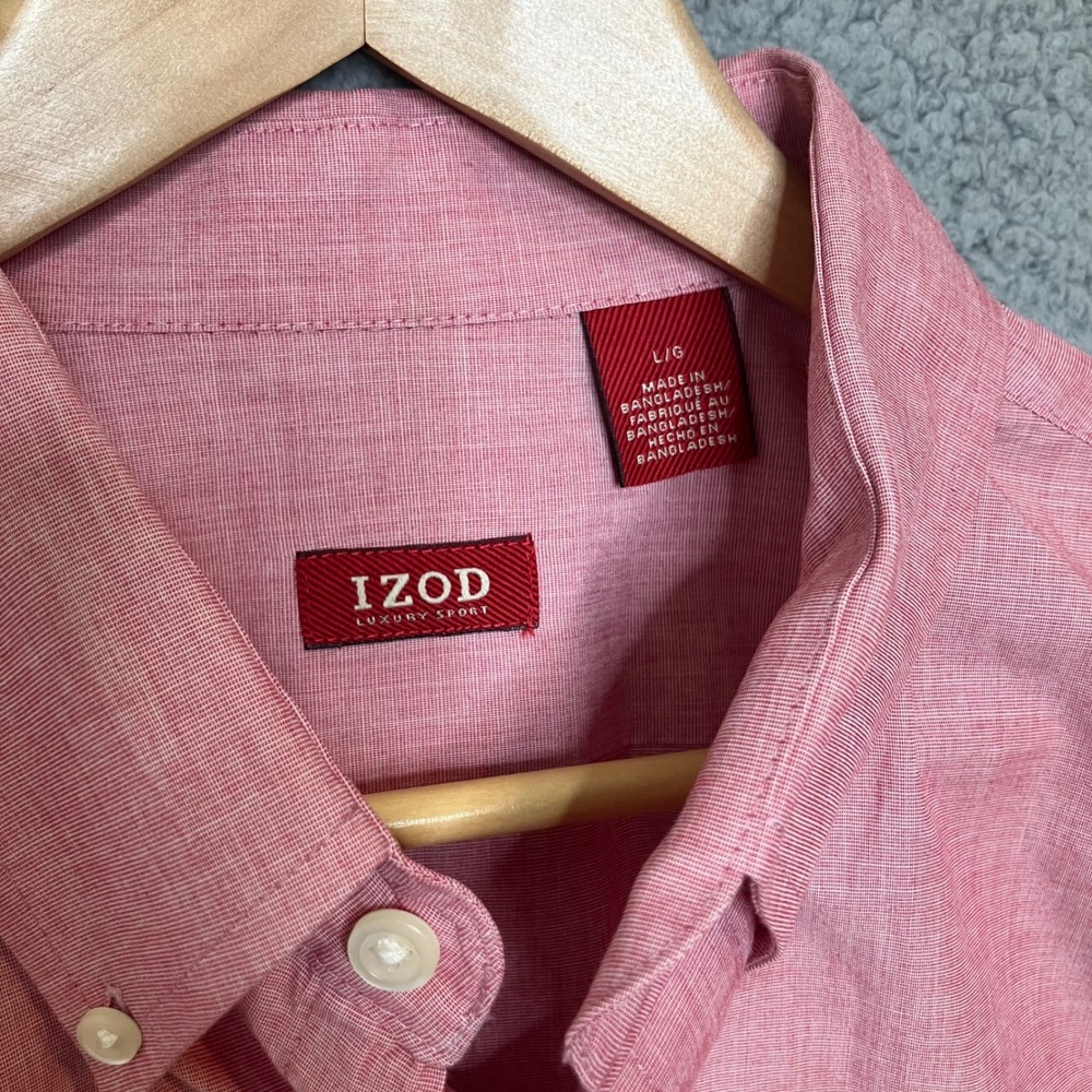 IZOD Luxury Sport Button Up Dress Shirt Men L Pink Red Cotton Long Sleeve Oxford - Picture 3 of 8